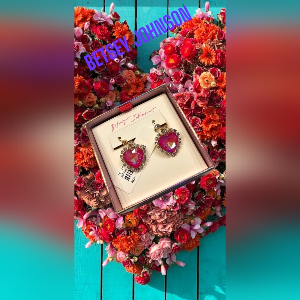 Betsey Johnson Pink and Gold Heart Earrings with Crystal Accents